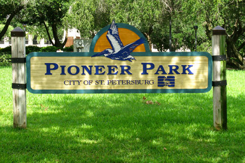 An image of the signage for Pioneer Park