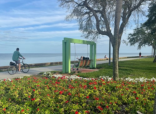 An image of a green bench swing in Flora Wylie Park overlooking Tampa Bay